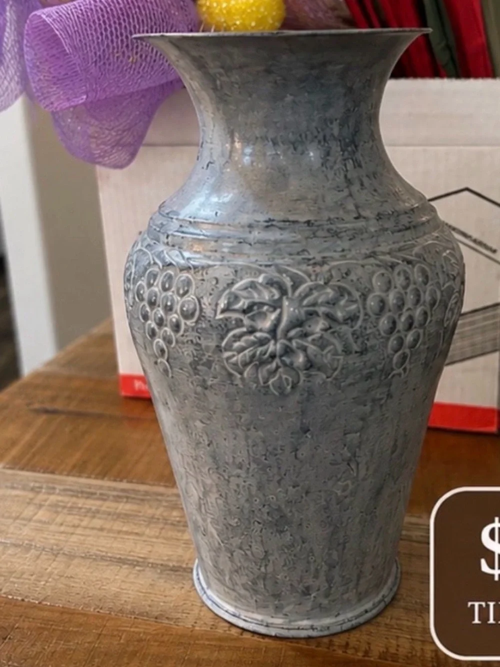 Tin Embossed Vase with Grape Motif - Gray